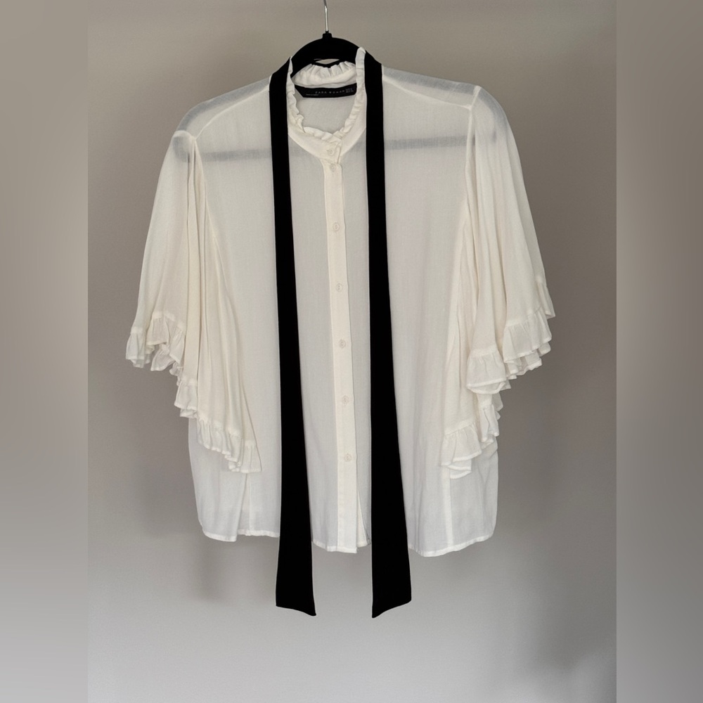 Zara White Flutter Sleeve Blouse with Mandarin Collar